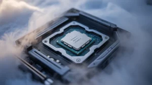 Close-up of a CPU on a motherboard with frost and vapor, illustrating cold weather effects on computer hardware stability and performance.