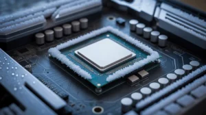 Close-up of a CPU with frost and condensation on a motherboard, highlighting cold weather impact on computer hardware stability.