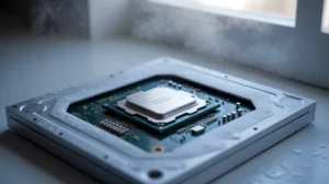 Alt text: Close-up of a CPU on a motherboard with frost and water droplets, showing cold weather effects on computer hardware stability near a window.
