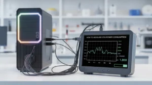 A desktop PC connected to a power monitoring device, showing a graph labeled “How to Measure CPU Power Consumption” on its screen. The setup measures real-time CPU watt usage in a lab environment.