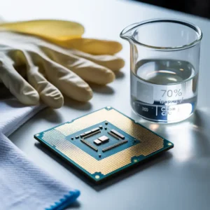 "A person cleaning a CPU with 70% isopropyl alcohol using a cotton swab, wearing anti-static gloves, CPU on anti-static mat, tools nearby, clean tech workspace, realistic scene."