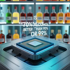"Three bottles labeled 70%, 90%, and 99% isopropyl alcohol placed next to a CPU, comparing options for safe cleaning. Clean tech workspace, realistic setup."