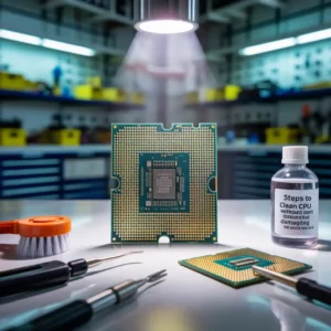 "A person carefully cleaning a CPU with tools like cotton swabs, 70% alcohol, and a soft brush. CPU is on an anti-static mat. Step-by-step process in a clean, safe workspace. Realistic tech scene."