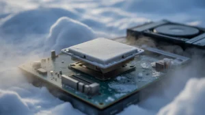Close-up of a CPU on a motherboard covered in snow and frost, demonstrating cold weather impact on computer hardware stability and performance.