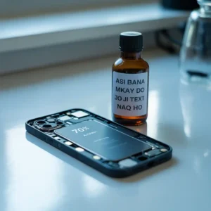 "A bottle of 70% isopropyl alcohol next to electronic parts on a clean desk, showing safe cleaning. Realistic and tidy tech workspace."