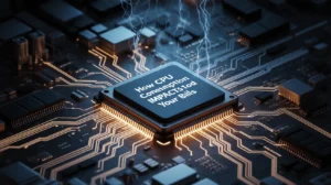 "CPU on a motherboard with electric sparks and the text: 'How CPU Consumption IMPACTS 1od Your Bills'."