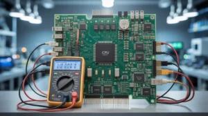 CPU chip wali motherboard par multimeter laga hai jo power consumption measure kar raha hai. Background mein ek lab ka setup hai.