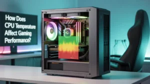 This image shows a gaming PC with colorful cooling fans. The CPU has a heat map on it, showing temperature levels. A monitor in the background says: