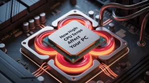 "A close-up of a computer CPU with glowing red heat pipes underneath, showing it is running hot. The text on the CPU reads 'How High CPU Temps Affect Your PC'. The setup is part of a motherboard with visible wires and components."