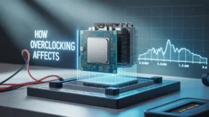 A CPU on a tech platform with the text "How Overclocking Affects" and a performance graph in the background.