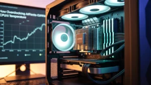 This image shows the inside of a gaming PC. The CPU has a large air cooler with glowing fans. The screen in the background says:
