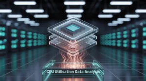 This is a digitally rendered, futuristic image representing CPU utilisation data analysis in a modern computing environment.