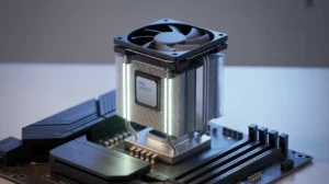 The image shows a powerful Intel Core i7 processor with a large air cooler installed on top of it. This kind of setup is common in high-performance computers where keeping the processor cool is very important.