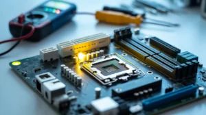 A bright yellow light is seen glowing near the CPU socket on the motherboard, suggesting a diagnostic or warning signal  possibly indicating a CPU or power related issue.