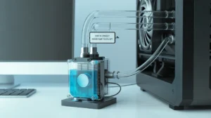 This picture shows a water cooling system for a computer. The clear pipes carry liquid from the water pump (with blue coolant) to the PC. A sign says: