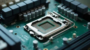 This is a close-up of a motherboard. It shows an empty CPU socket with tiny metal pins. Around it are parts that help the CPU work. This is where the processor is placed.
