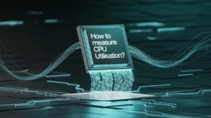 The image is a futuristic digital illustration that visually represents the concept of measuring CPU utilization.