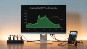 A computer monitor displaying a green graph titled "How to Monitor CPU Power Consumption," with connected power cables and a digital multimeter on the desk.