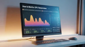 "A computer monitor on a desk showing a colorful graph and numbers for CPU temperature, with the title 'How to Monitor CPU Temperature' at the top of the screen. A keyboard and mouse are in front of the monitor."
