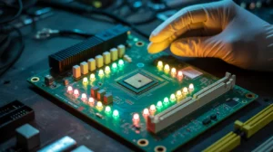 A technician's gloved hand hovers over a motherboard filled with multi-colored diagnostic lights around the CPU socket. 