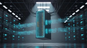 This is a high-tech, digital illustration depicting a futuristic data center or server environment.