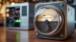 "Analog gauge showing CPU power draw, placed on a wooden desk with electronic equipment in the background."