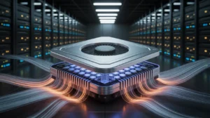 "A high-end server CPU in a data center with cooling airflow visualized as glowing streams."