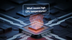 "A computer chip with orange heat waves rising from it, and a question above saying 'What causes high CPU temperatures?' The chip is on a dark circuit board."