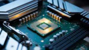 The CPU chip in the image shows the words: "OVERPOWER CIRCUIT CHECK", suggesting a warning or diagnostic message related to power overload or circuit protection.