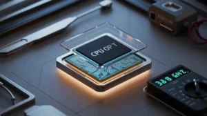 This is a picture of a CPU chip. It has "CPU OPT" written on it. The chip is on a circuit board with glowing lights. Next to it is a device showing "3.8 GHz", which is the speed. Some tools are also around it.