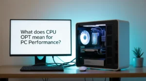 This picture shows a desktop computer setup. On the left, there is a monitor with text that says: