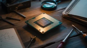 This is a close-up image of a computer processor (CPU) placed on a rustic wooden workbench. The lighting is warm and focused, creating a technical and workshop-like atmosphere.