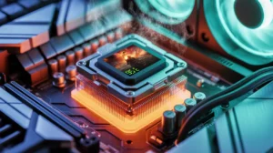 This is a hot CPU on a motherboard. It shows 95°C and a game on the screen. Steam is coming out, showing it’s overheating.