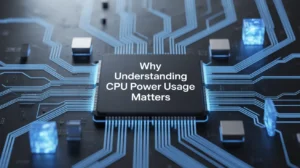 "A computer chip with the words 'Why Understanding CPU Power Usage Matters' written on it, with blue lines showing electricity or data flowing around it."
