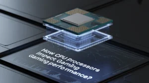 How do CPU processors impact gaming performance? A modern chip on a digital display showing gaming power.