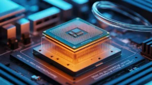 The image appears to show a close-up of a CPU placed on a motherboard with an intricate heat sink and cooling system. The text visible on the image reads: